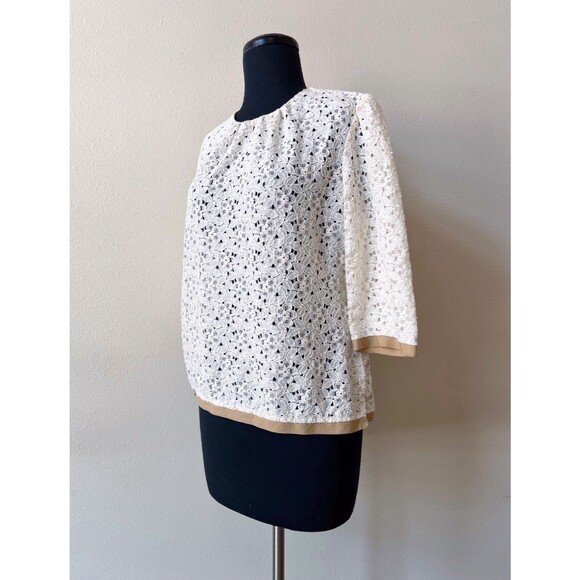 Milly White Floral Lace Top Size 12 Side Buttoned 3/4 Sleeves Cotton Blend - Picture 3 of 7